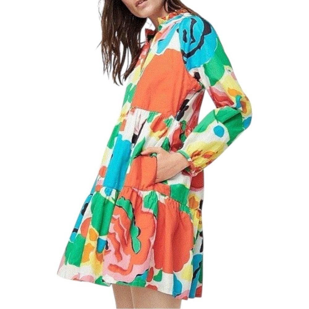 J. Crew Women’s Size XS Ratti Jardin Bright Floral Cotton Tiered Popover Dress - Picture 3 of 11